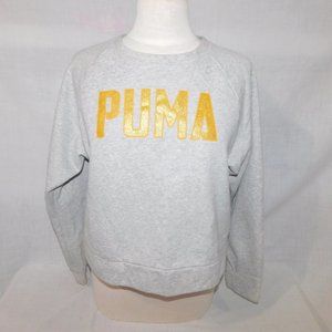 PUMA Womens S light Gray Crop Sweatshirt Gold Glitter Spellout Crew Neck